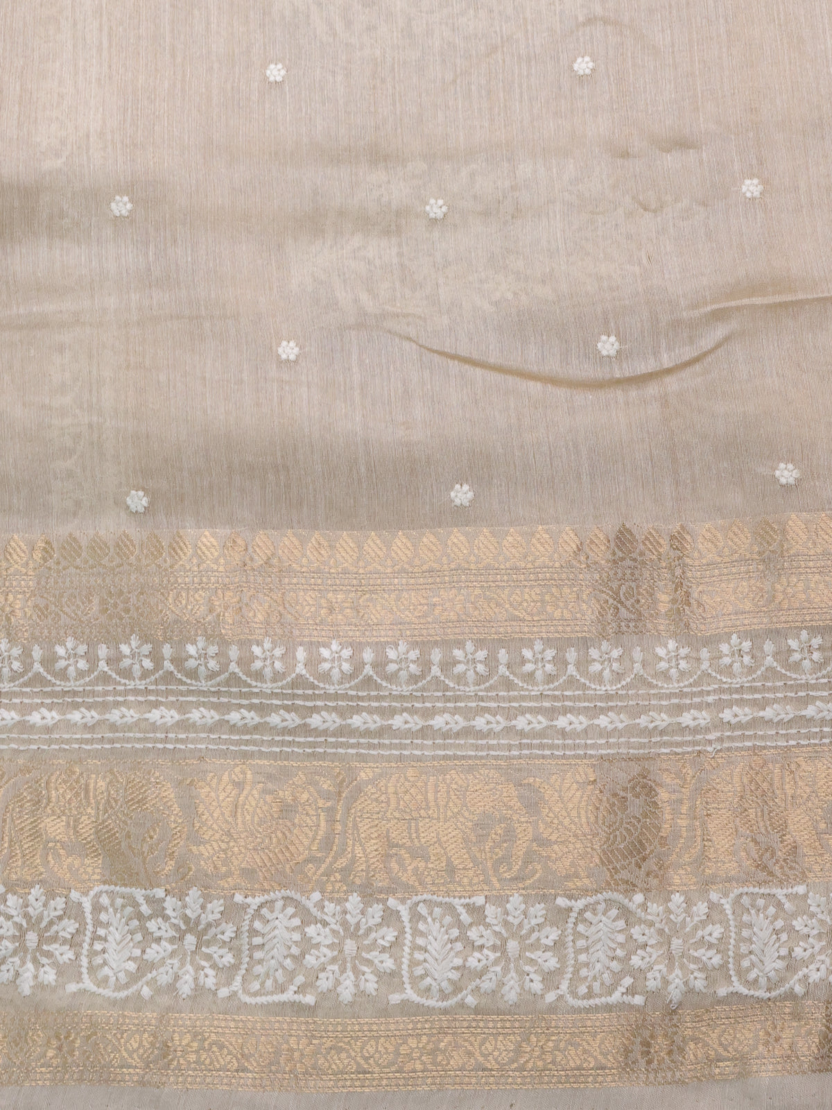 Yellow-Beige Handloom Tussar Silk Saree With Embroidery Motifi & Chikankari Work Border