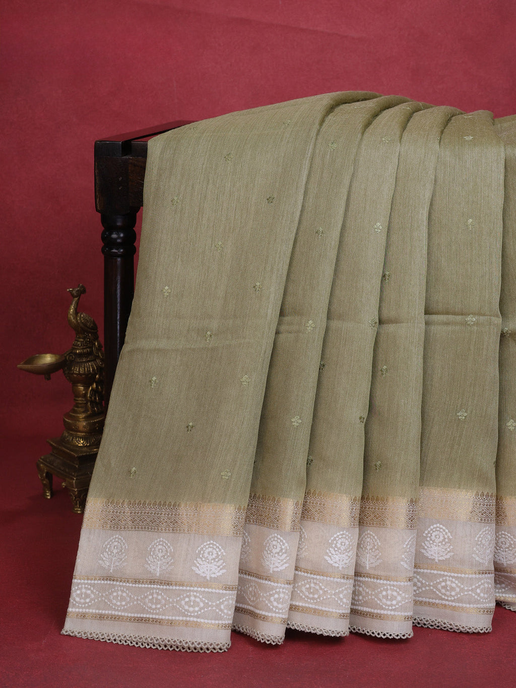 Pastel Green-Beige Handloom Tussar Silk Saree With Embroidery Motifi & Chikankari Work Border