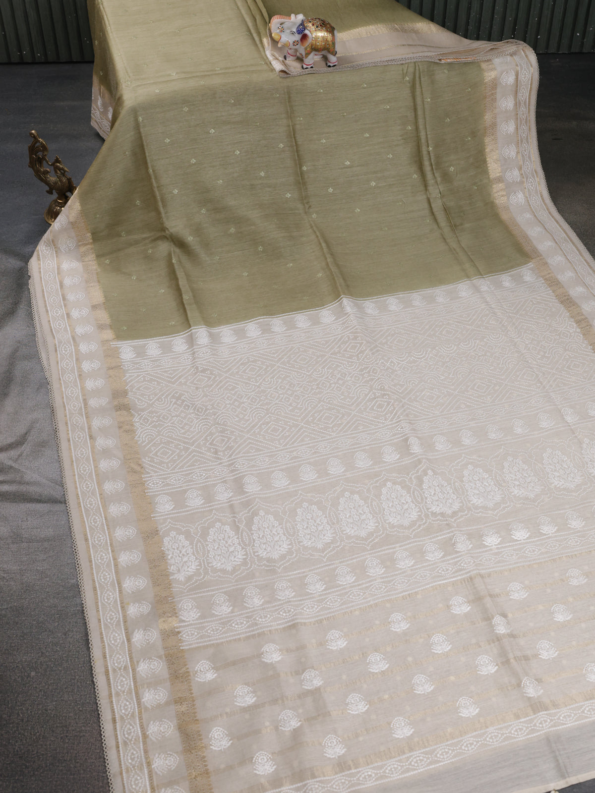 Pastel Green-Beige Handloom Tussar Silk Saree With Embroidery Motifi & Chikankari Work Border