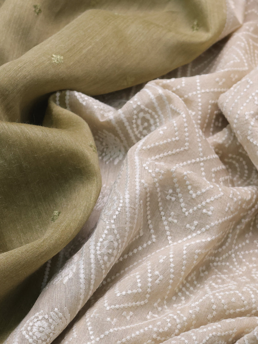 Pastel Green-Beige Handloom Tussar Silk Saree With Embroidery Motifi & Chikankari Work Border