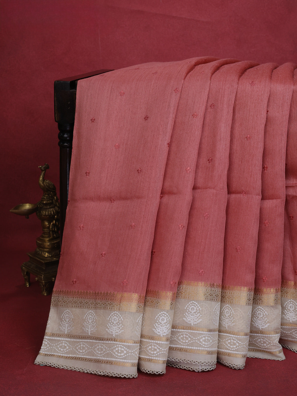 Peach-Beige Handloom Tussar Silk Saree With Embroidery Motifi & Chikankari Work Border