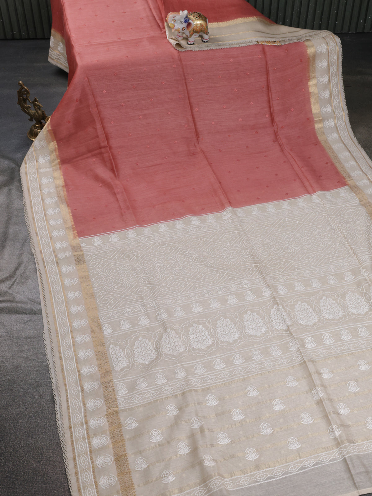 Peach-Beige Handloom Tussar Silk Saree With Embroidery Motifi & Chikankari Work Border