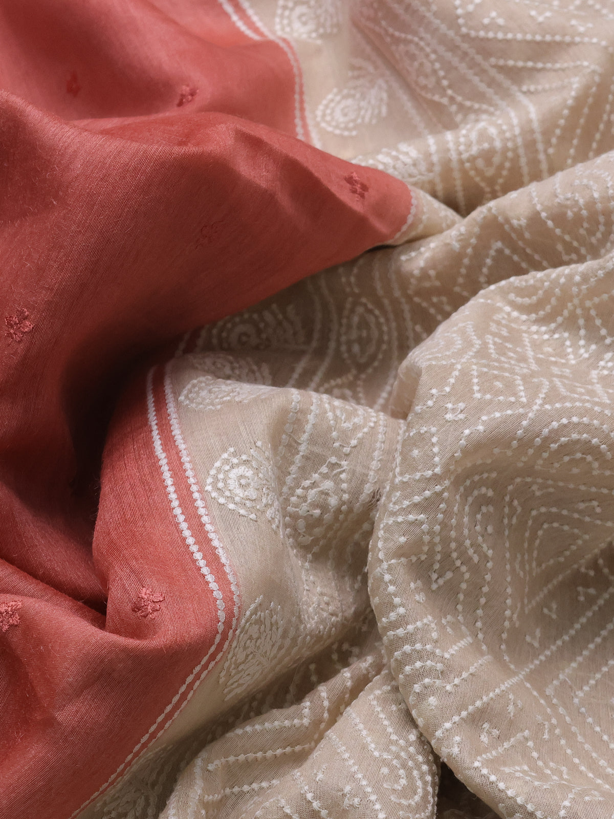 Peach-Beige Handloom Tussar Silk Saree With Embroidery Motifi & Chikankari Work Border
