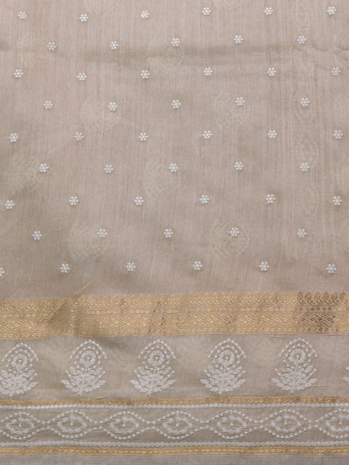 Peach-Beige Handloom Tussar Silk Saree With Embroidery Motifi & Chikankari Work Border