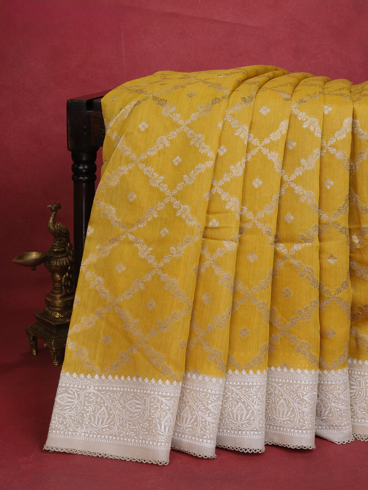 Yellow-Beige Handloom Tussar Silk Saree With Zari Weaves & Chikankari Work Border