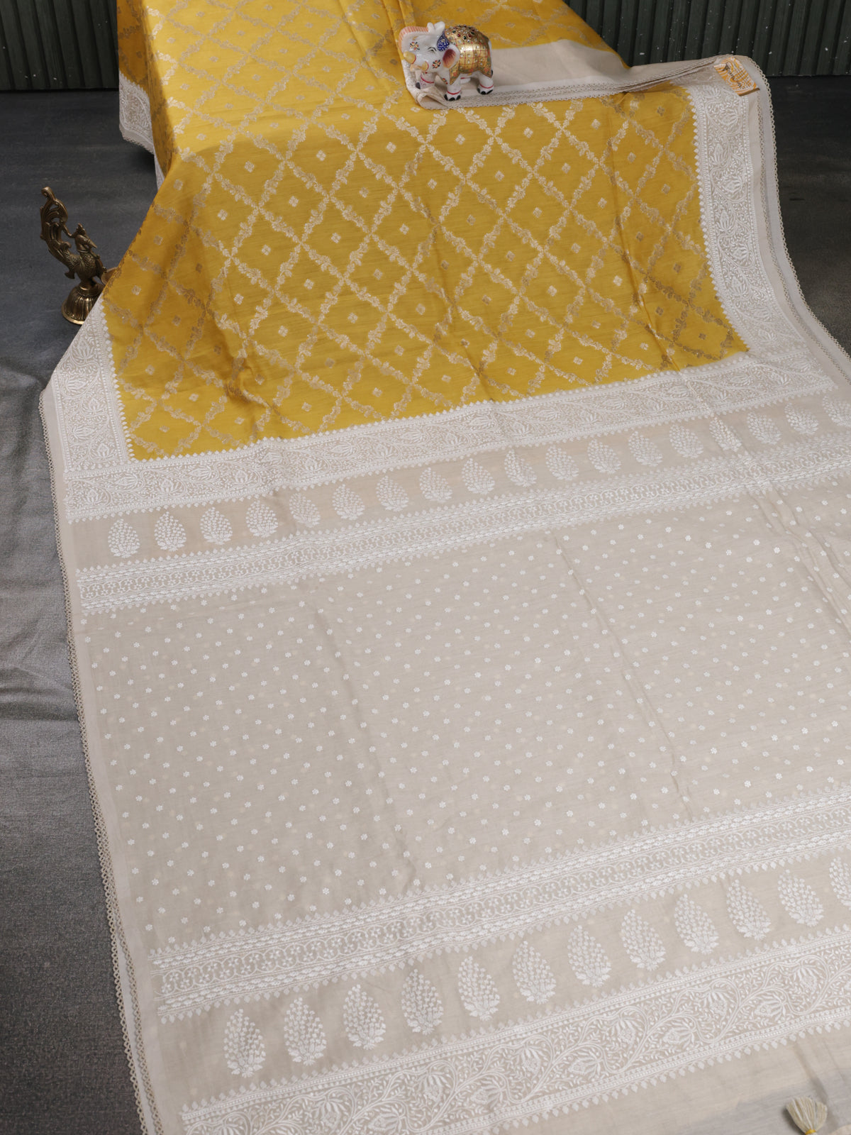 Yellow-Beige Handloom Tussar Silk Saree With Zari Weaves & Chikankari Work Border