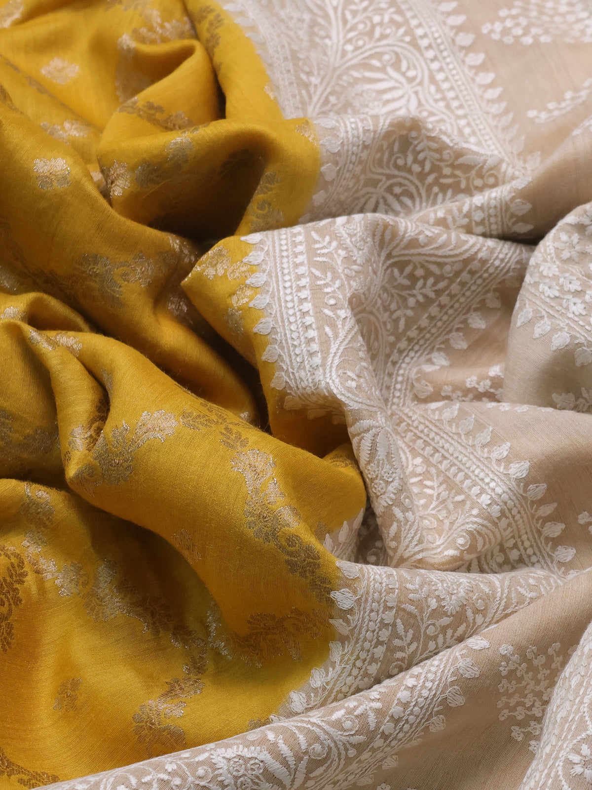 Yellow-Beige Handloom Tussar Silk Saree With Zari Weaves & Chikankari Work Border