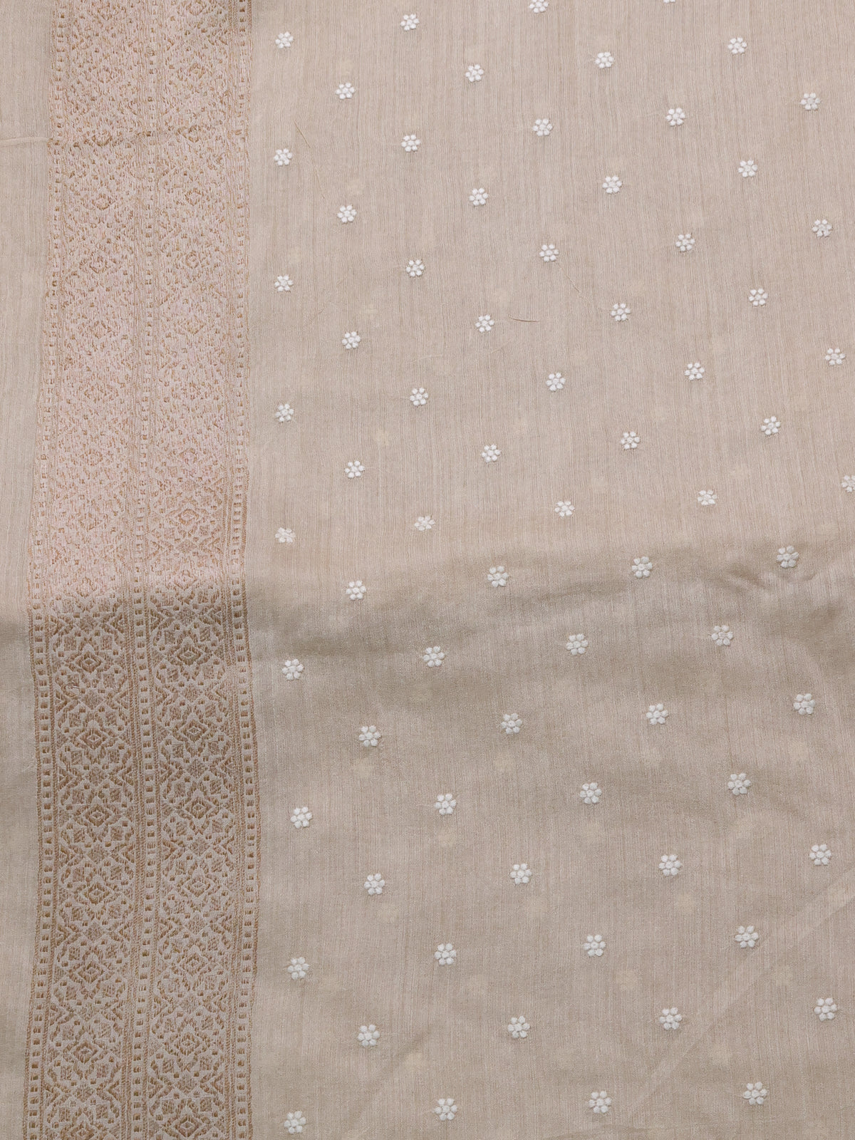 Yellow-Beige Handloom Tussar Silk Saree With Zari Weaves & Chikankari Work Border