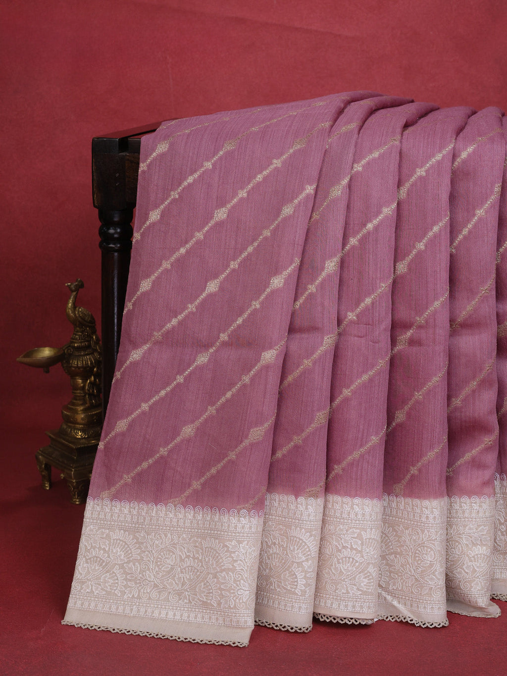 Pastel Pink-Beige Handloom Tussar Silk Saree With Antique Zari Weaves & Chikankari Work Border