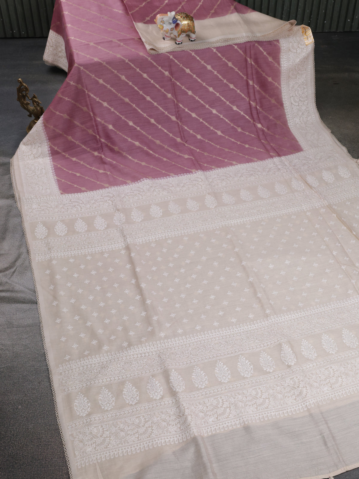 Pastel Pink-Beige Handloom Tussar Silk Saree With Antique Zari Weaves & Chikankari Work Border