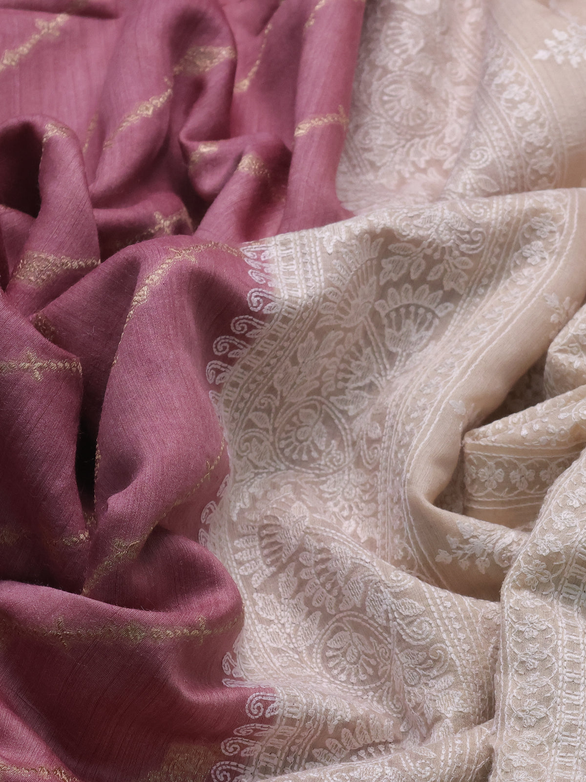 Pastel Pink-Beige Handloom Tussar Silk Saree With Antique Zari Weaves & Chikankari Work Border