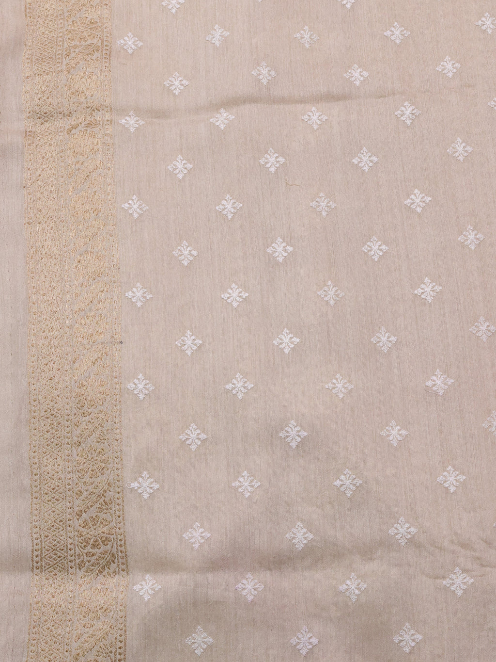 Pastel Pink-Beige Handloom Tussar Silk Saree With Antique Zari Weaves & Chikankari Work Border
