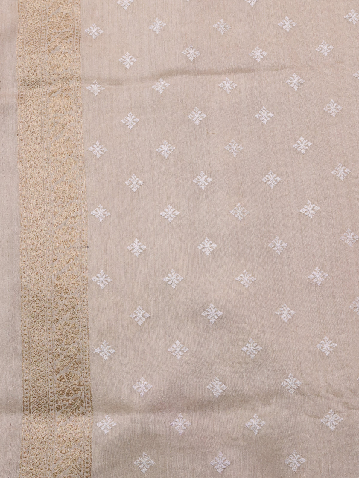 Pastel Pink-Beige Handloom Tussar Silk Saree With Antique Zari Weaves & Chikankari Work Border
