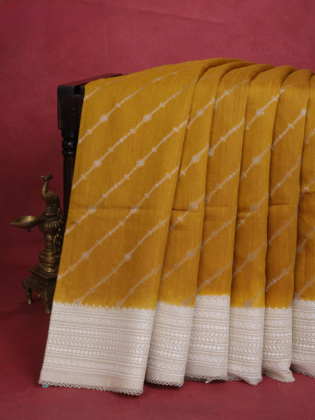 Mustard Yellow-Beige Handloom Tussar Silk Saree With Antique Zari Weaves & Chikankari Work Border