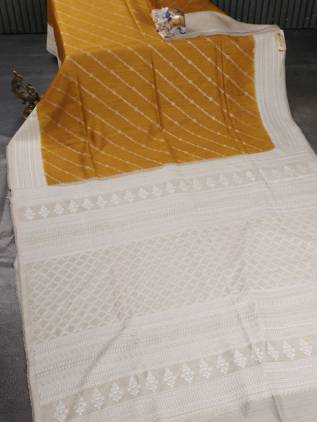 Mustard Yellow-Beige Handloom Tussar Silk Saree With Antique Zari Weaves & Chikankari Work Border
