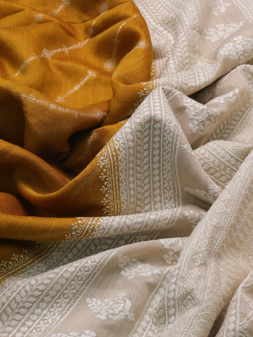 Mustard Yellow-Beige Handloom Tussar Silk Saree With Antique Zari Weaves & Chikankari Work Border