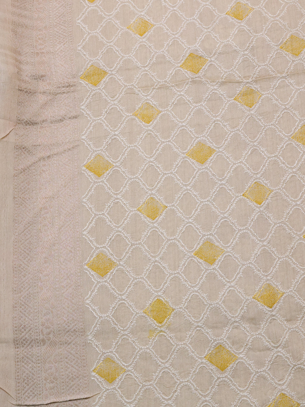 Mustard Yellow-Beige Handloom Tussar Silk Saree With Antique Zari Weaves & Chikankari Work Border