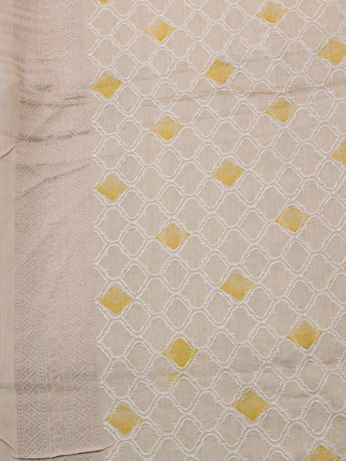 Mustard Yellow-Beige Handloom Tussar Silk Saree With Antique Zari Weaves & Chikankari Work Border