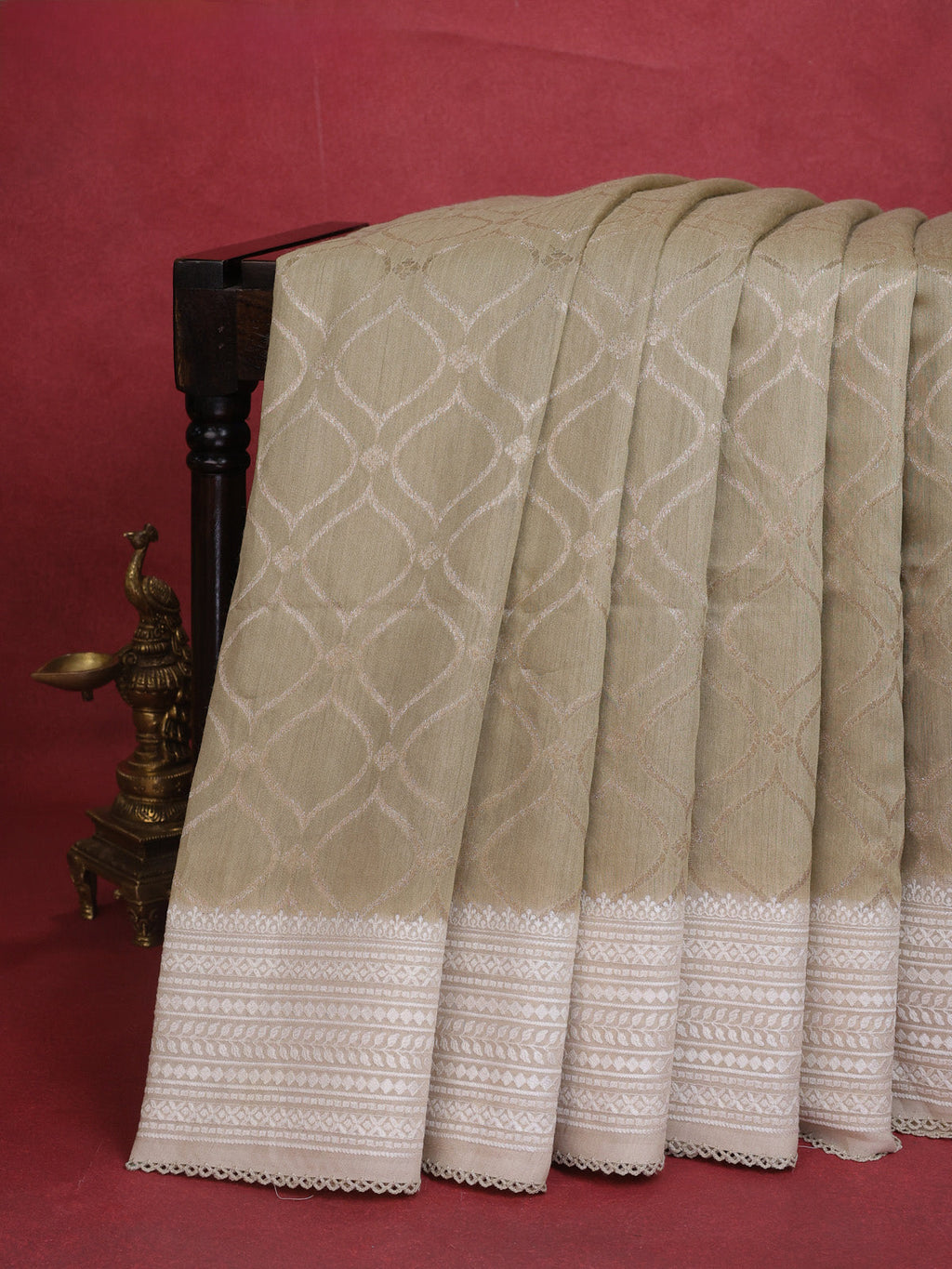 Elaichi Green-Beige Handloom Tussar Silk Saree With Antique Zari Weaves & Chikankari Work Border