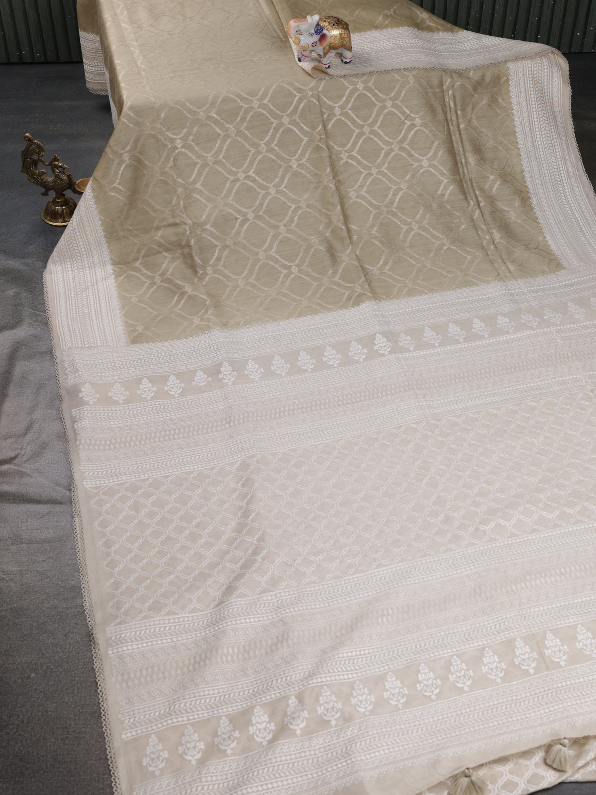 Elaichi Green-Beige Handloom Tussar Silk Saree With Antique Zari Weaves & Chikankari Work Border