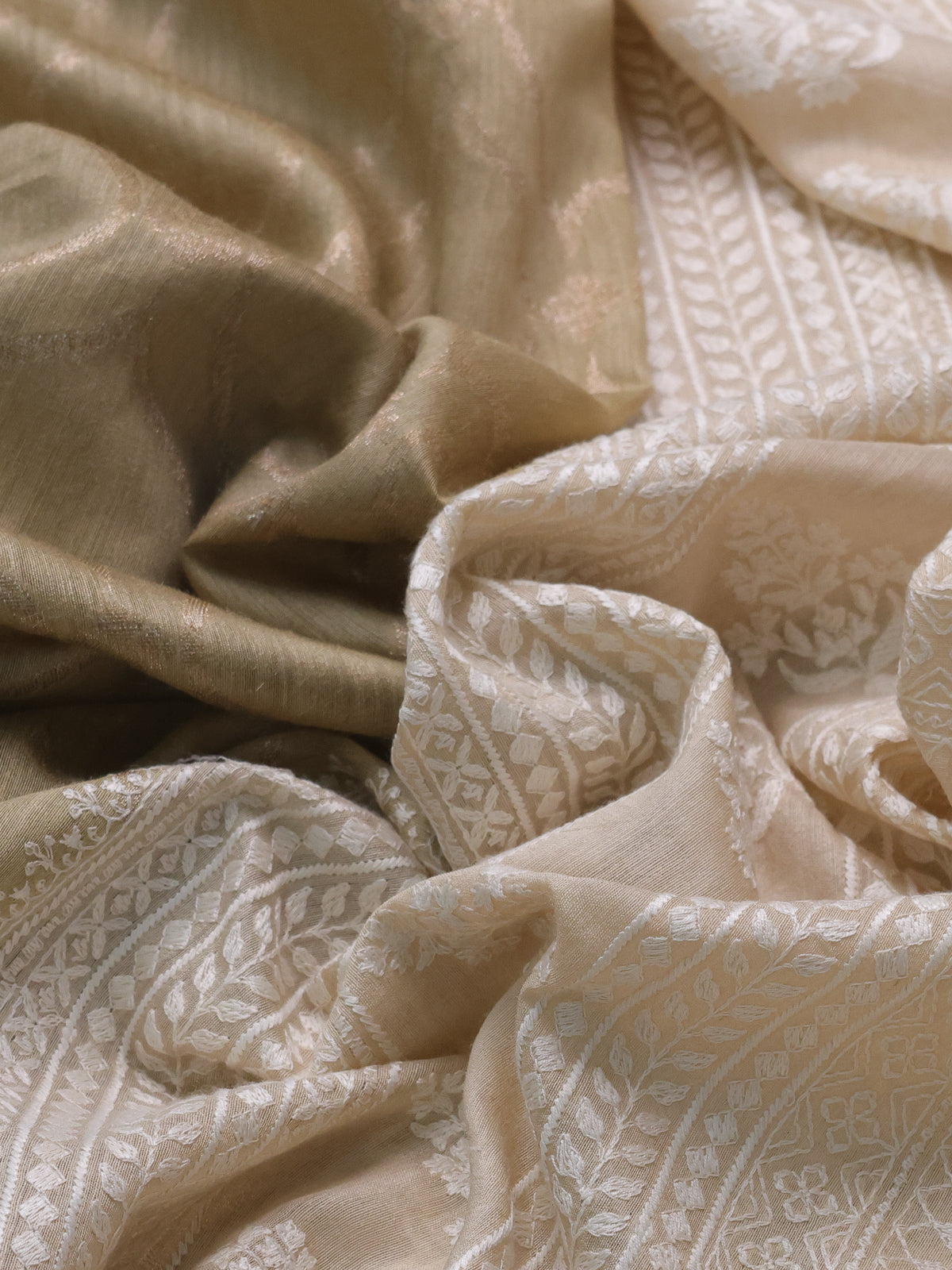 Elaichi Green-Beige Handloom Tussar Silk Saree With Antique Zari Weaves & Chikankari Work Border