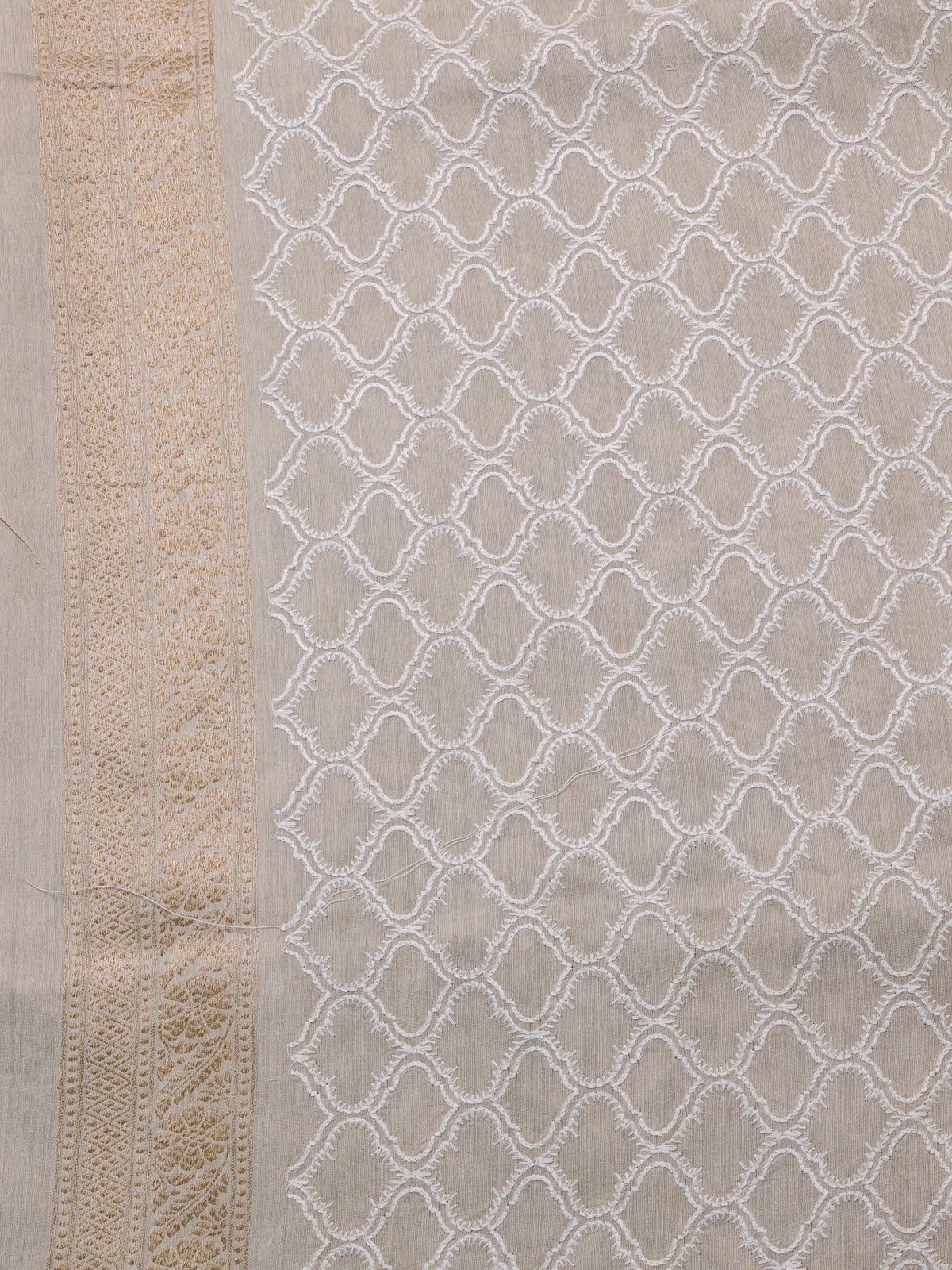 Elaichi Green-Beige Handloom Tussar Silk Saree With Antique Zari Weaves & Chikankari Work Border