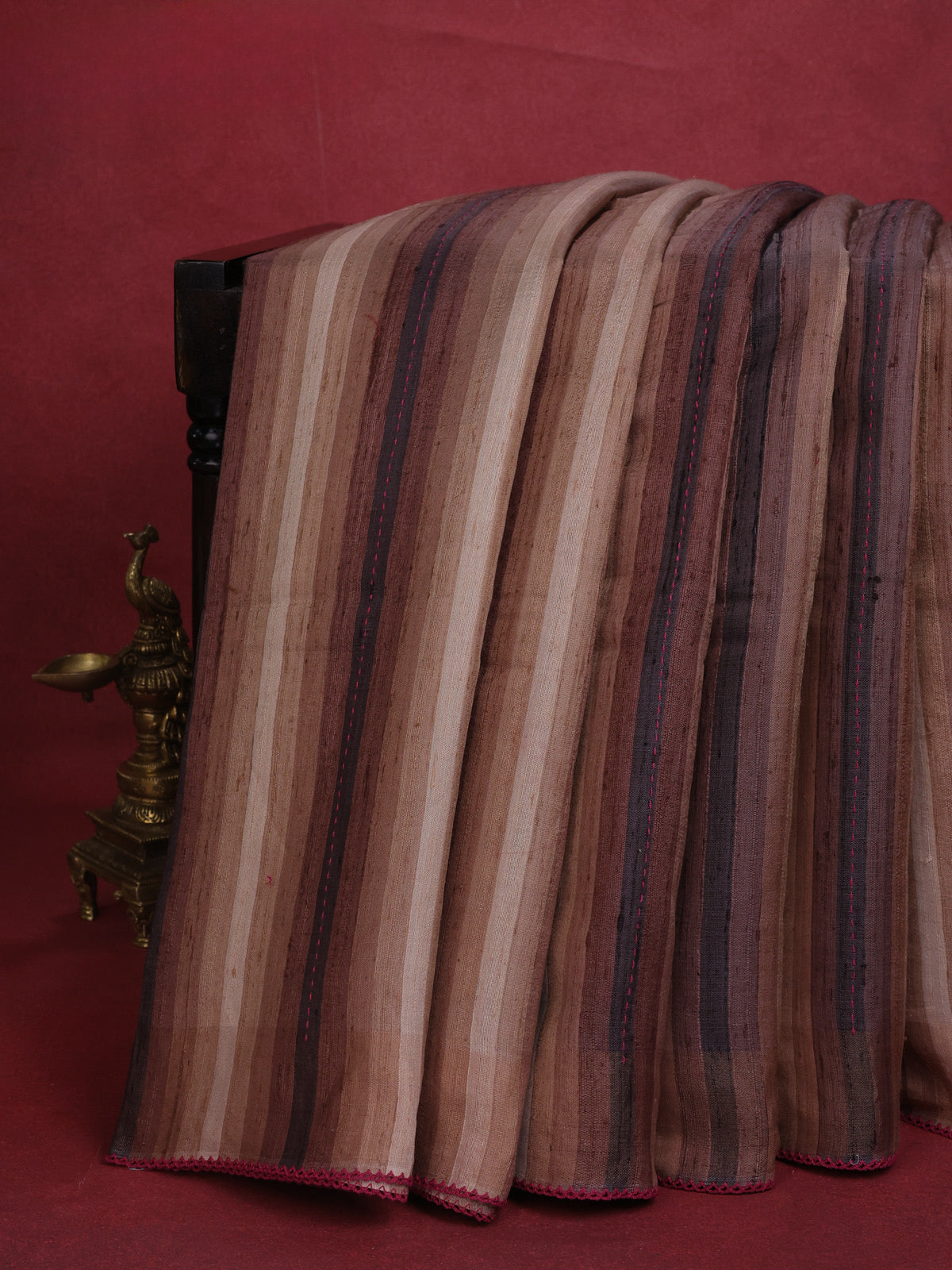 Brown-Pink Tussar Silk Saree With Vertical Stripe Pattern & Kantha Stitch Work