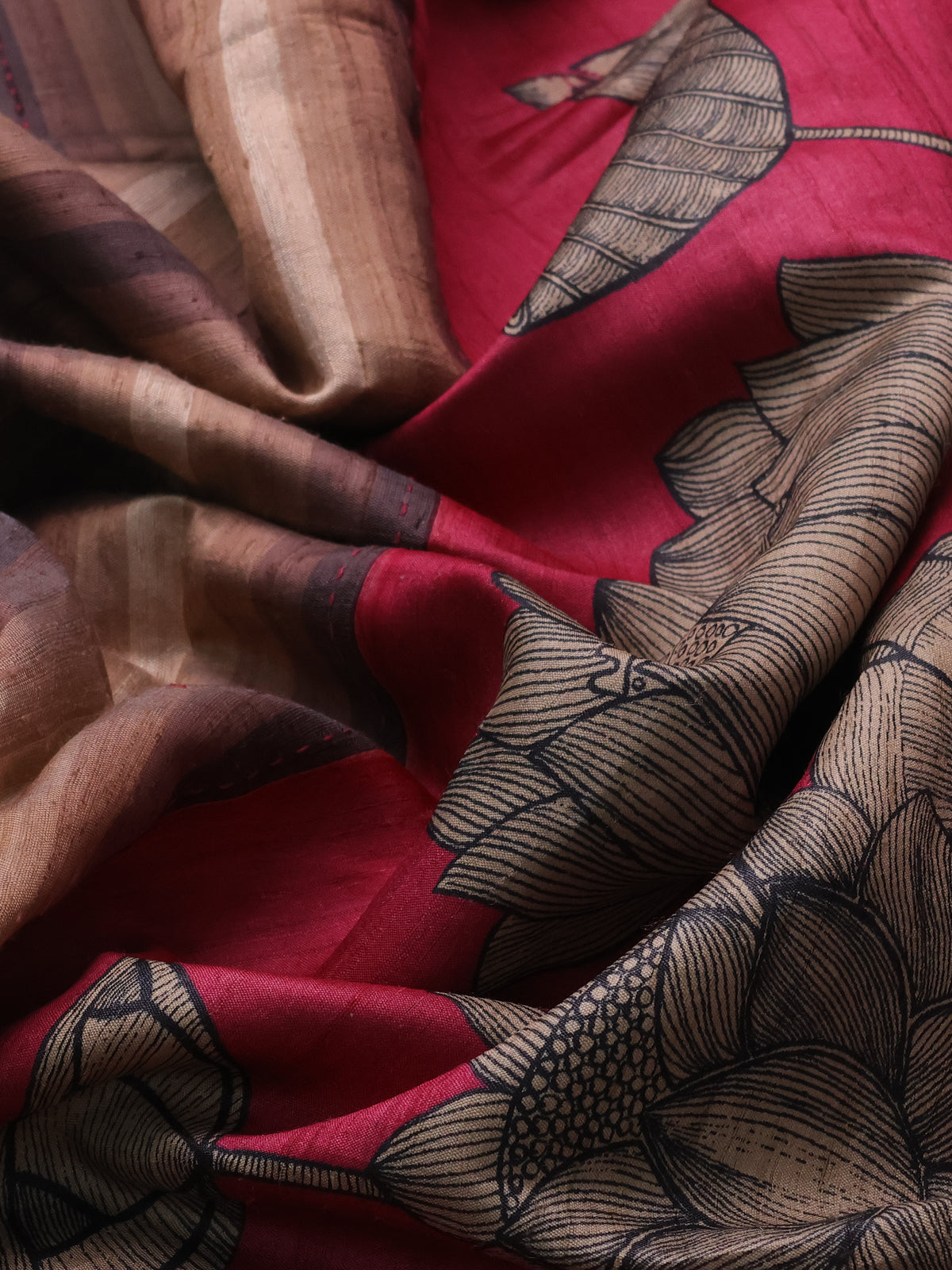 Brown-Pink Tussar Silk Saree With Vertical Stripe Pattern & Kantha Stitch Work