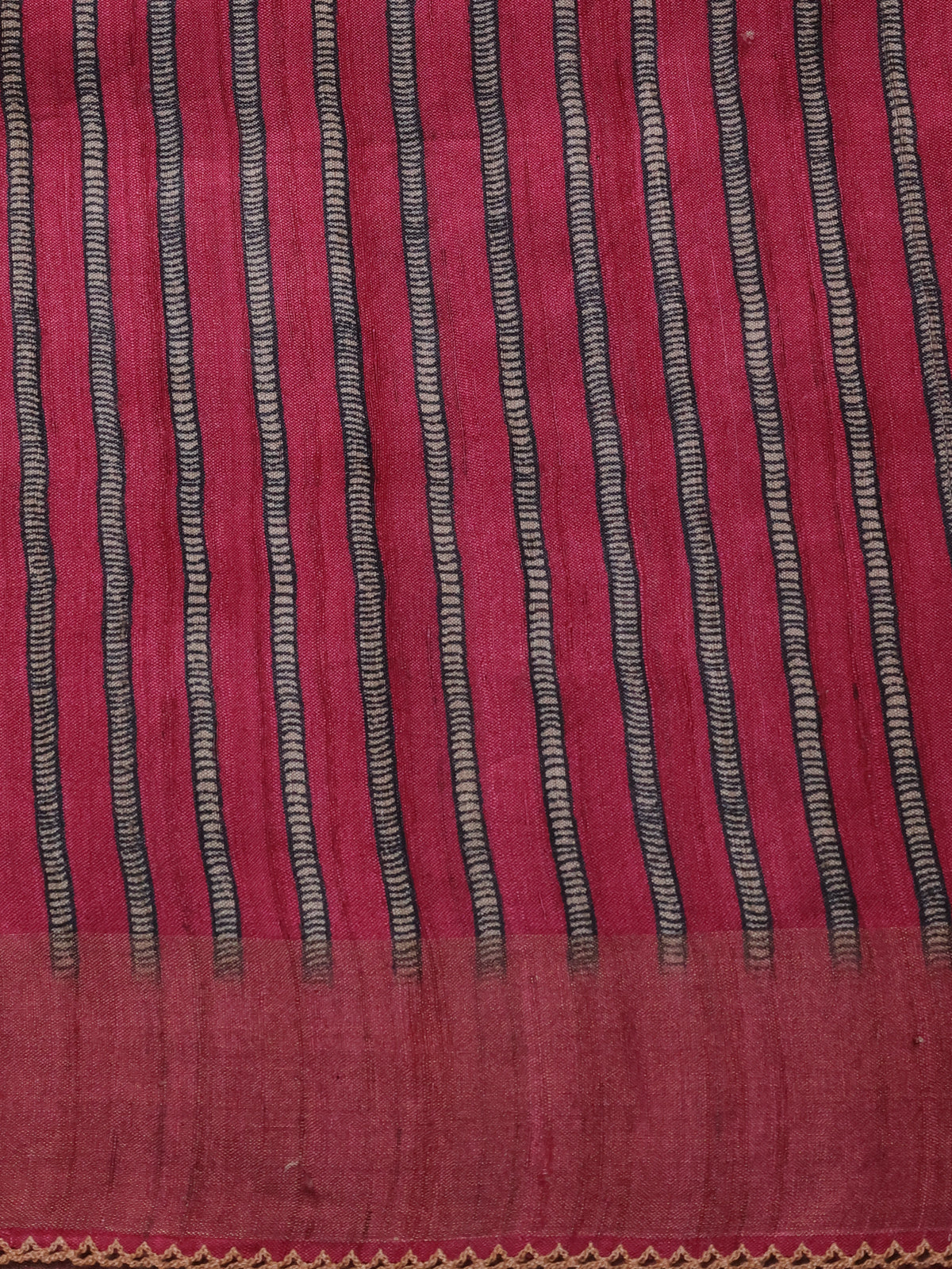 Brown-Pink Tussar Silk Saree With Vertical Stripe Pattern & Kantha Stitch Work