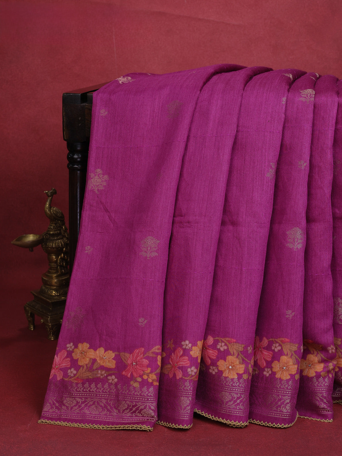 Magenta Pink Tussar Silk Saree With Zari Buttas & Kantha Stitch Work
