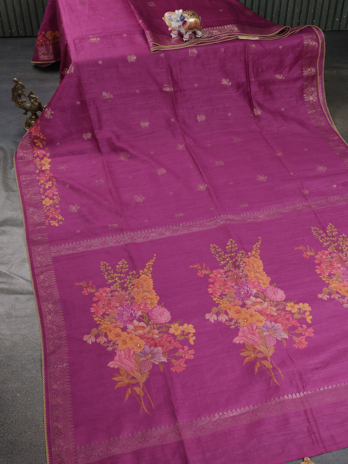 Magenta Pink Tussar Silk Saree With Zari Buttas & Kantha Stitch Work