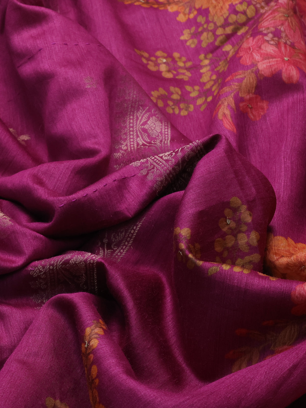 Magenta Pink Tussar Silk Saree With Zari Buttas & Kantha Stitch Work
