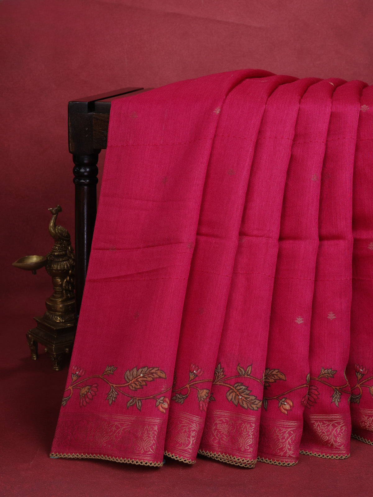 Pink Tussar Silk Saree With Zari Buttas & Kantha Stitch Work
