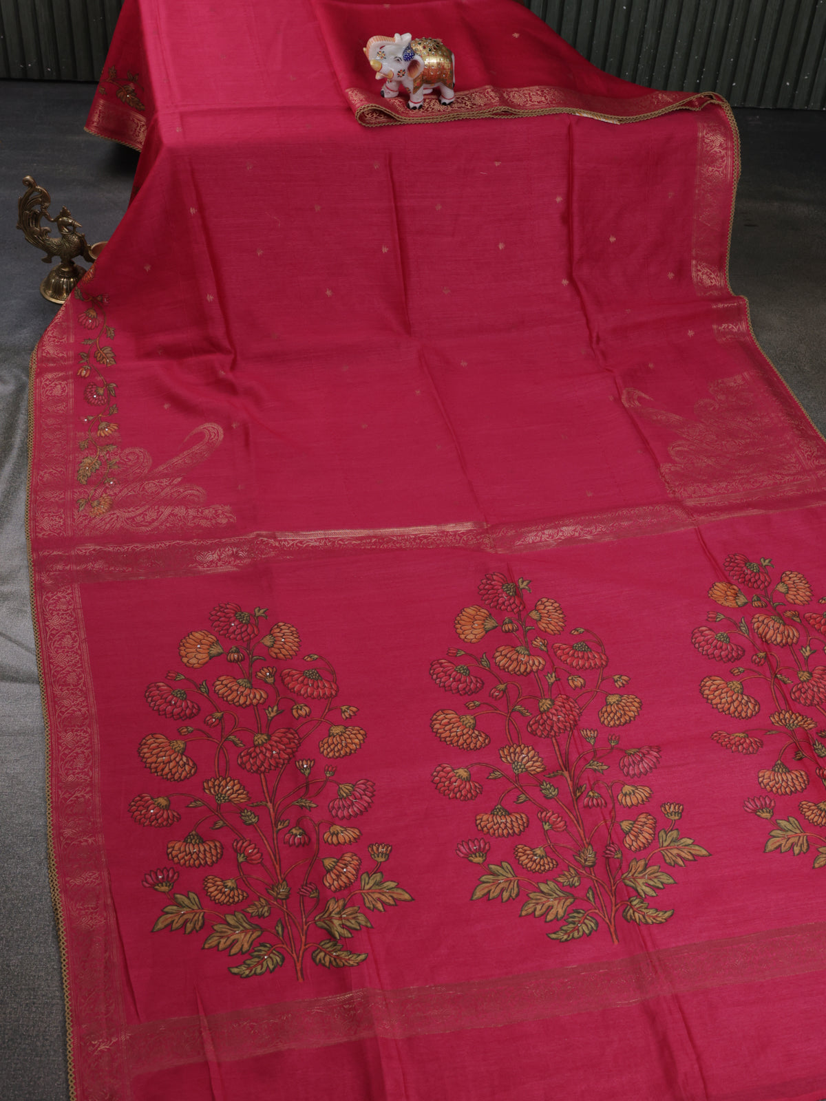 Pink Tussar Silk Saree With Zari Buttas & Kantha Stitch Work