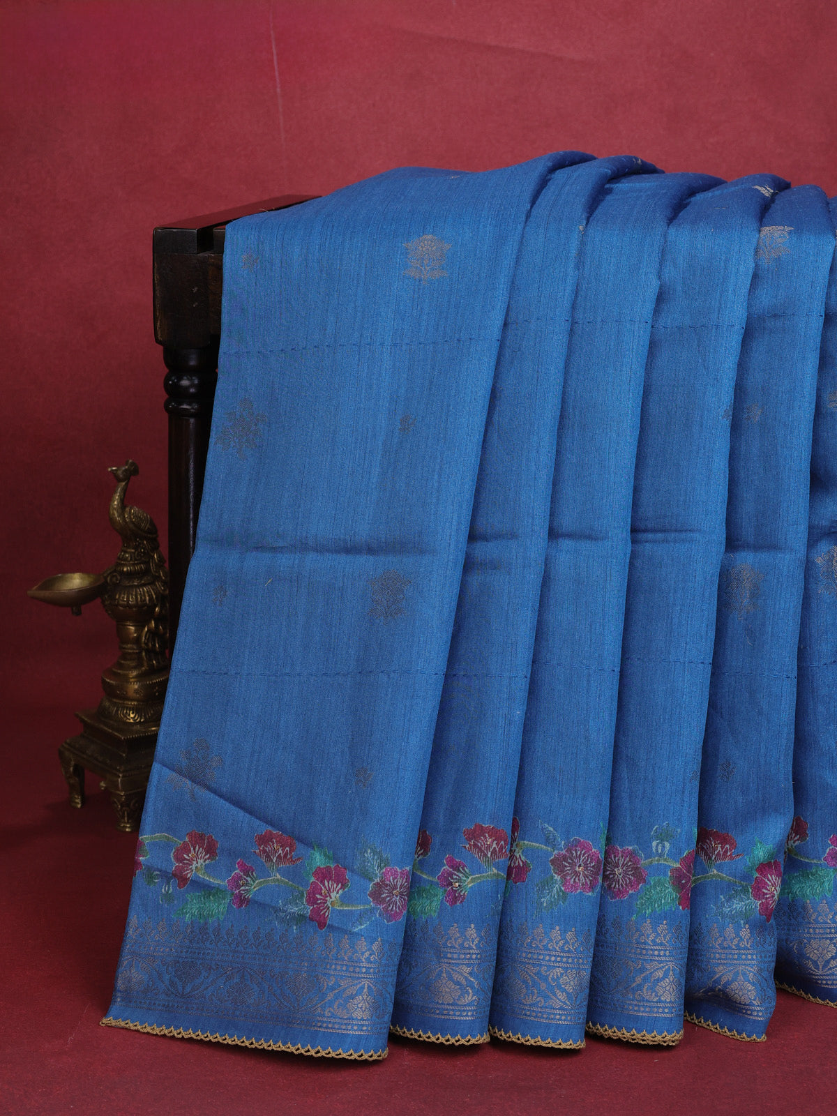 Blue Tussar Silk Saree With Zari Buttas & Kantha Stitch Work