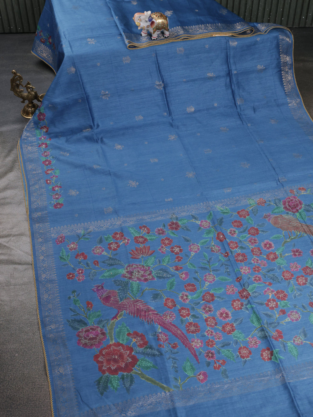 Blue Tussar Silk Saree With Zari Buttas & Kantha Stitch Work