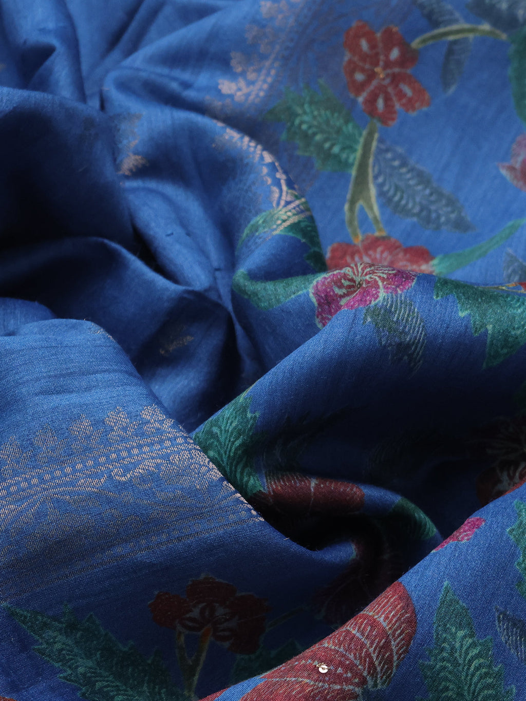 Blue Tussar Silk Saree With Zari Buttas & Kantha Stitch Work