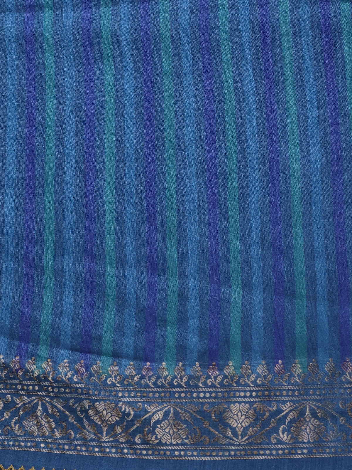 Blue Tussar Silk Saree With Zari Buttas & Kantha Stitch Work