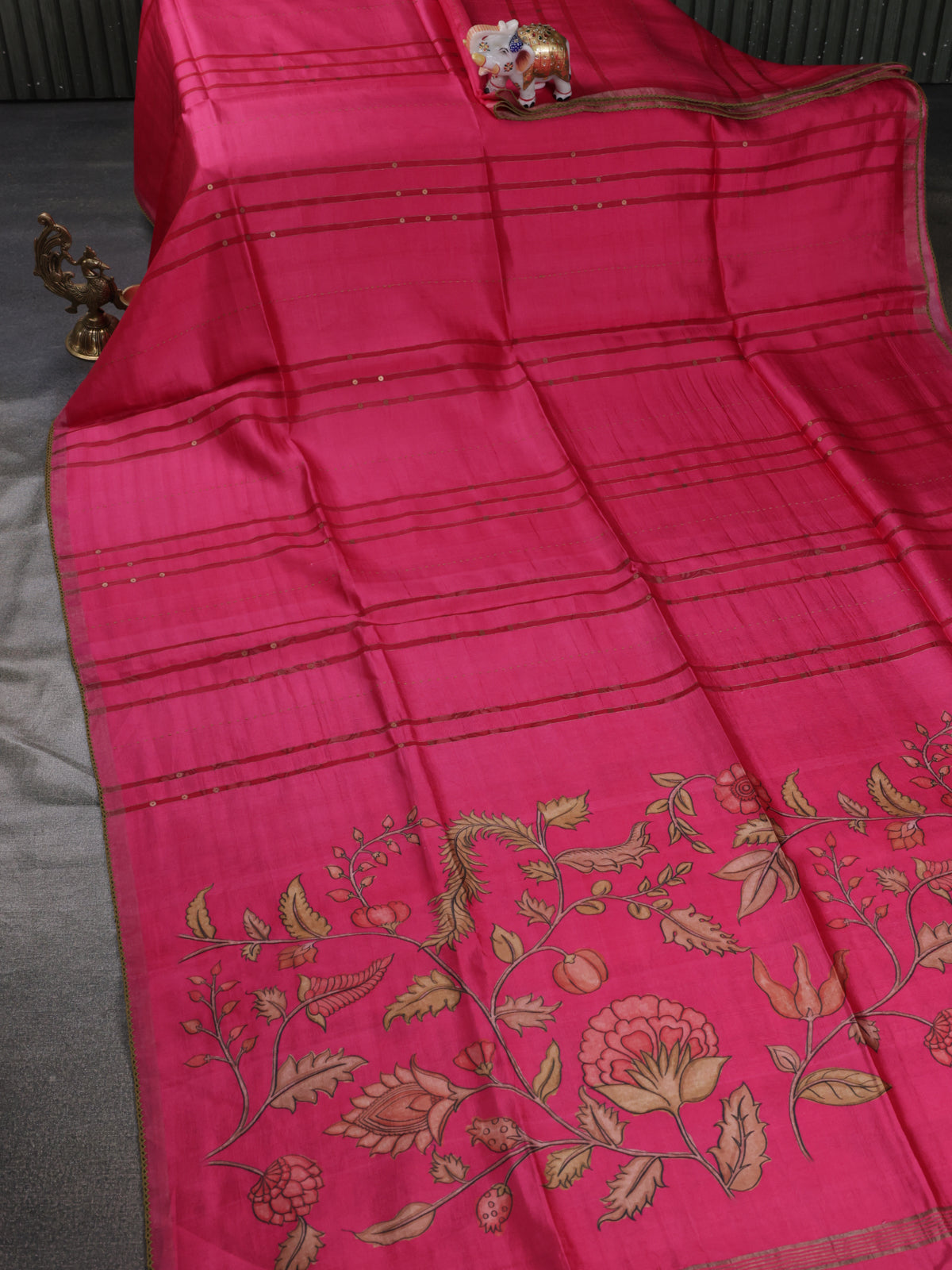 Pink Tussar Silk Saree With Sequin & Kantha Stitch Work
