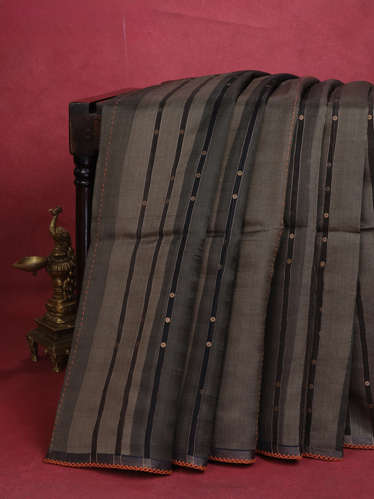 Military Green-Black Tussar Silk Saree With Sequin & Kantha Stitch Work