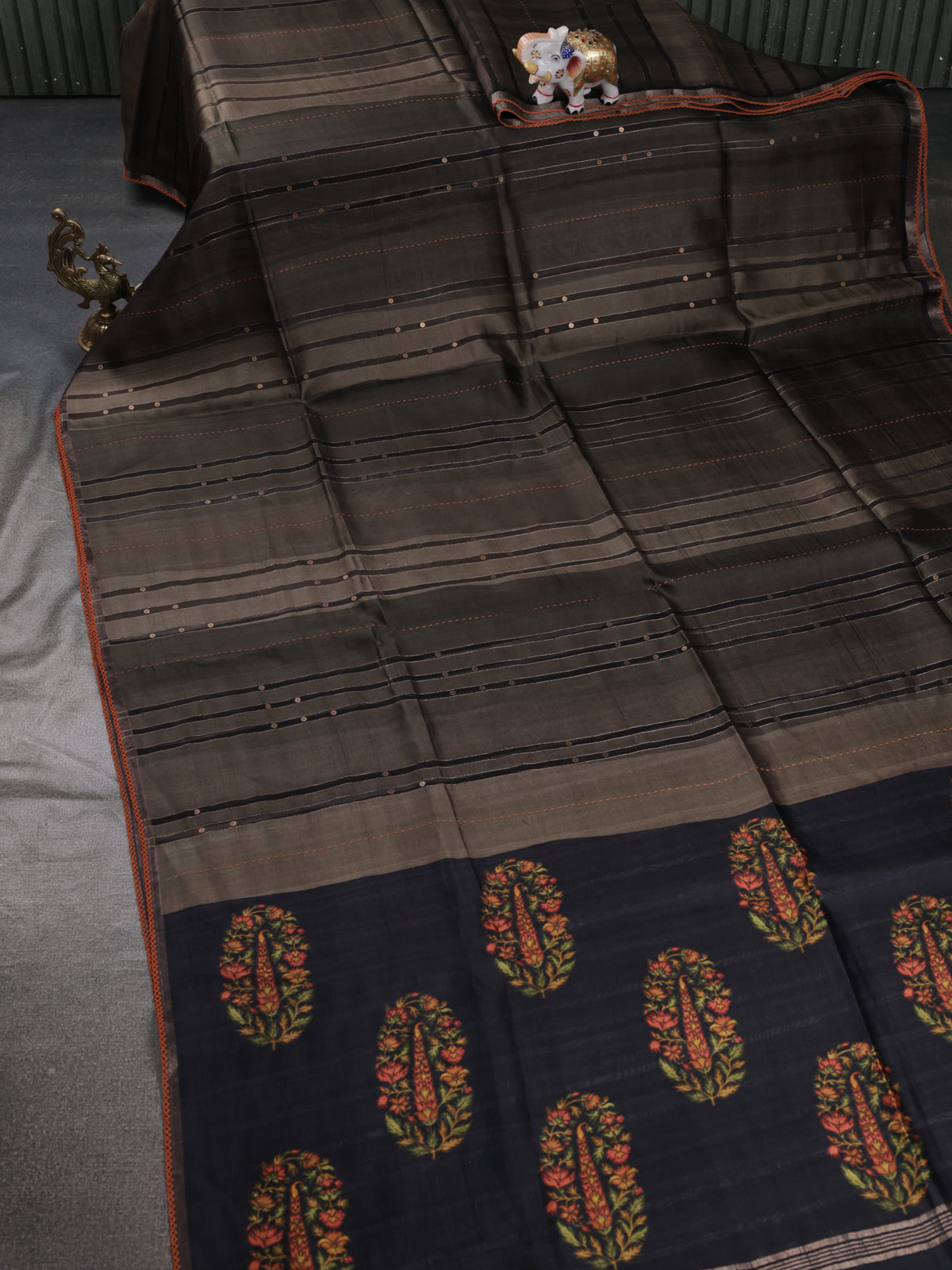 Military Green-Black Tussar Silk Saree With Sequin & Kantha Stitch Work