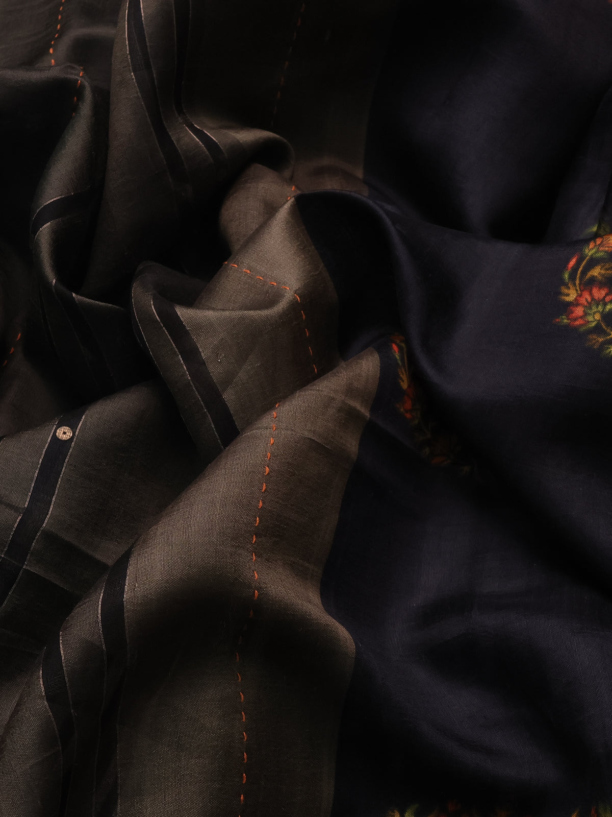 Military Green-Black Tussar Silk Saree With Sequin & Kantha Stitch Work