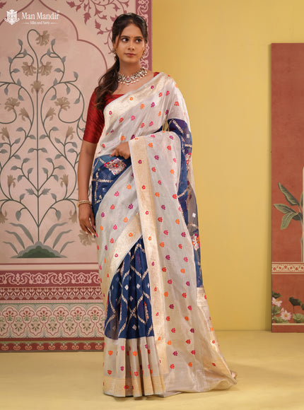 Blue-Grey Banarasi Kora Saree With Allover Zari Weaves & Tissue Border