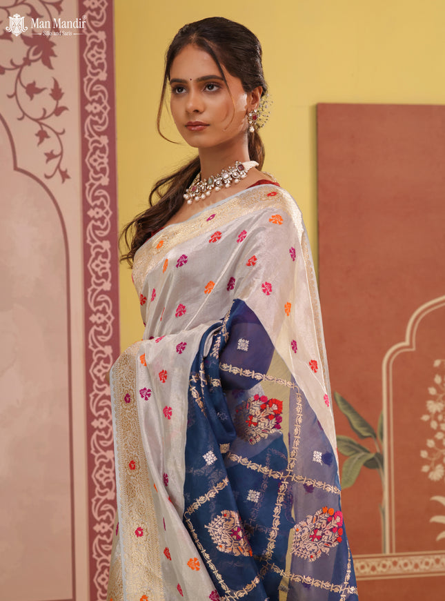 Blue-Grey Banarasi Kora Saree With Allover Zari Weaves & Tissue Border