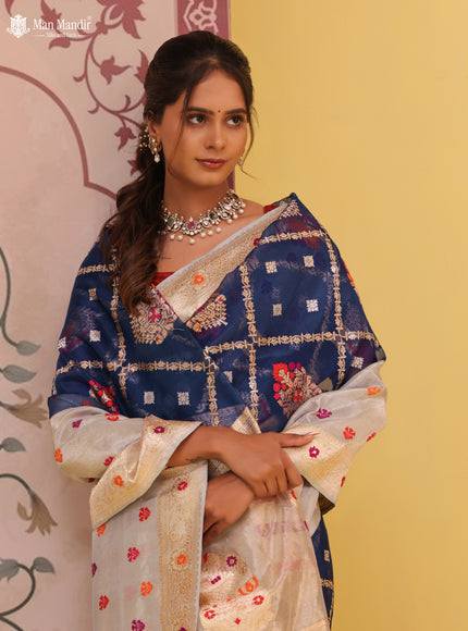 Blue-Grey Banarasi Kora Saree With Allover Zari Weaves & Tissue Border