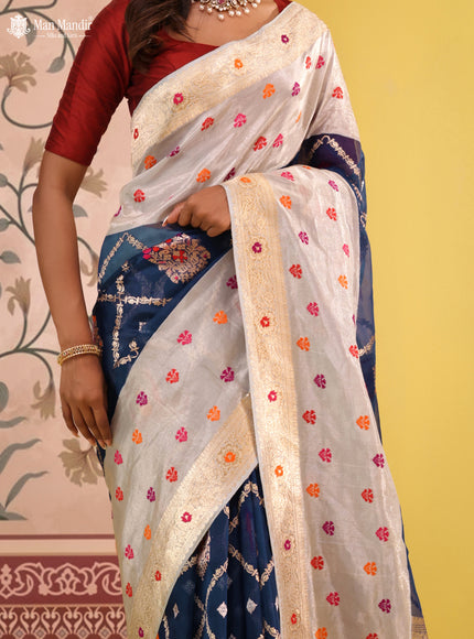 Blue-Grey Banarasi Kora Saree With Allover Zari Weaves & Tissue Border