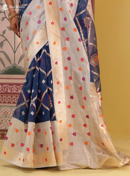 Blue-Grey Banarasi Kora Saree With Allover Zari Weaves & Tissue Border