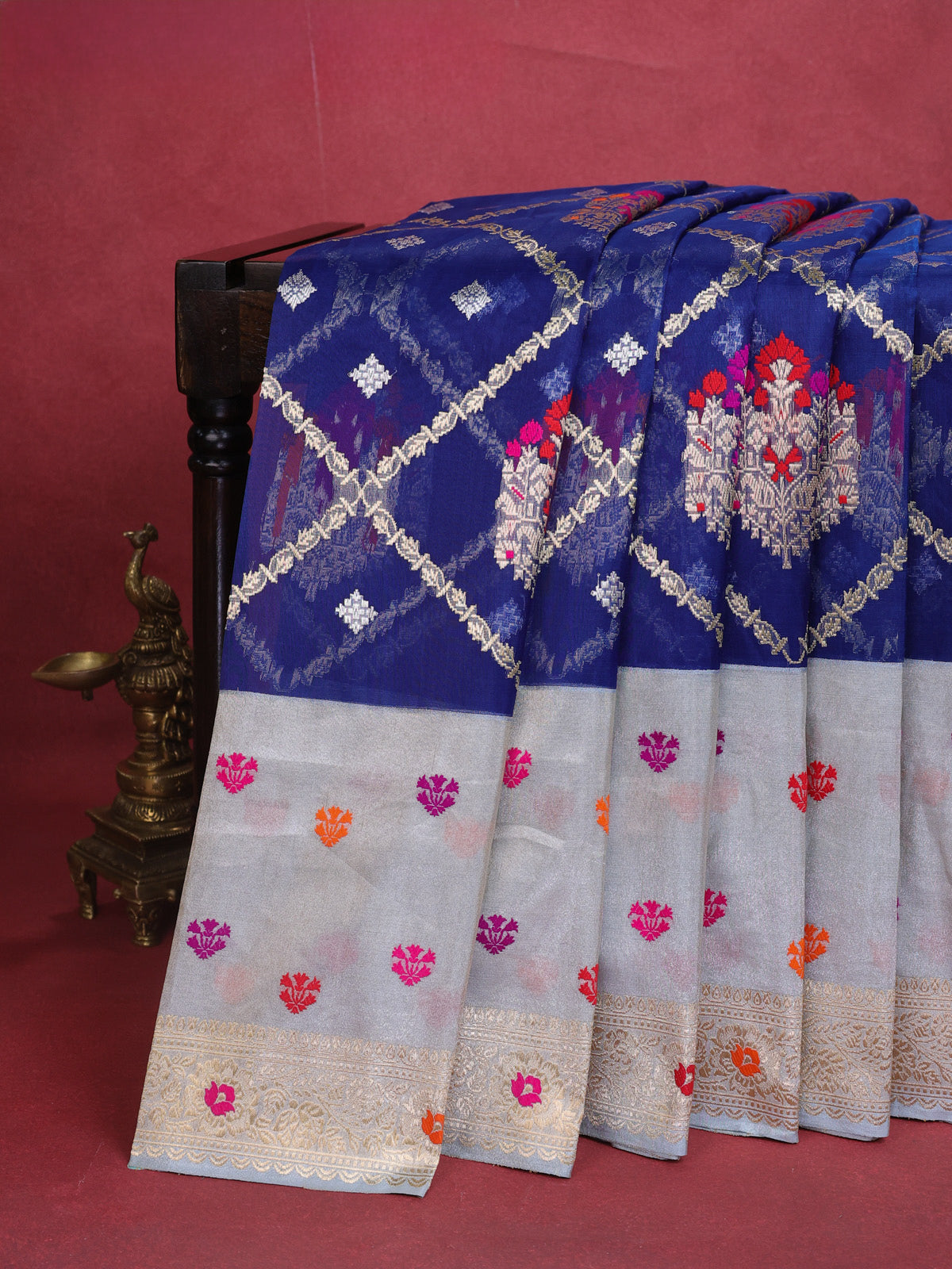 Blue-Grey Banarasi Kora Saree With Allover Zari Weaves & Tissue Border