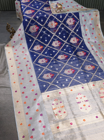 Blue-Grey Banarasi Kora Saree With Allover Zari Weaves & Tissue Border