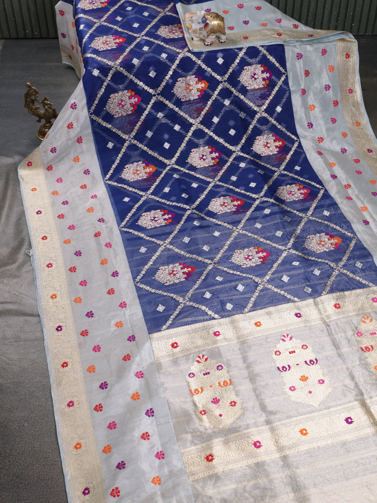 Blue-Grey Banarasi Kora Saree With Allover Zari Weaves & Tissue Border